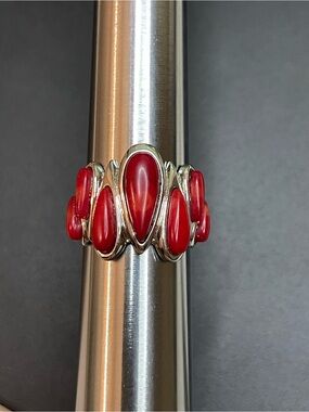 Red Coral Seven Stone Sterling Silver Statement Ring